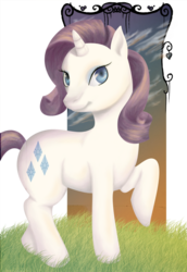 Size: 750x1092 | Tagged: safe, artist:azupanic, rarity, pony, unicorn, g4, female, grass, mare, raised hoof, solo, sunset