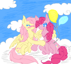 Size: 329x296 | Tagged: safe, artist:tsukaimonboom, fluttershy, pinkie pie, earth pony, pegasus, pony, g4, balloon, blushing, cloud, cloudy, eyes closed, female, lesbian, mare, pixelated, ship:flutterpie, shipping, sitting