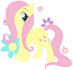 Size: 656x626 | Tagged: safe, artist:stephastated, fluttershy, pegasus, pony, g4, cute, female, filly, flower, folded wings, hair over one eye, looking at you, shyabetes, simple background, smiling, solo, standing, three quarter view, transparent background, wings