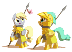 Size: 2400x1725 | Tagged: safe, artist:equestria-prevails, derpy hooves, sunshower raindrops, butterfly, pegasus, pony, g4, armor, epic derpy, female, guard, mare, simple background, spear, transparent background