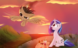 Size: 3840x2400 | Tagged: safe, artist:roadsleadme, dj pon-3, vinyl scratch, wild fire, g4, chest fluff, flying, high res, sunset