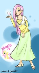 Size: 800x1500 | Tagged: safe, artist:thelifeofabinder, fluttershy, butterfly, human, g4, clothes, female, hair over one eye, humanized, long skirt, skirt, solo