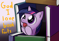 Size: 500x350 | Tagged: source needed, safe, artist:dazko, twilight sparkle, pony, g4, book, book fort, cute, dialogue, female, filly, open mouth, solo, that pony sure does love books, younger