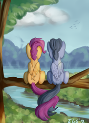 Size: 1200x1646 | Tagged: safe, artist:tggeko, rumble, scootaloo, pegasus, pony, g4, cloud, colt, female, filly, foal, intertwined tails, male, ship:rumbloo, shipping, straight, tails tangle, tree