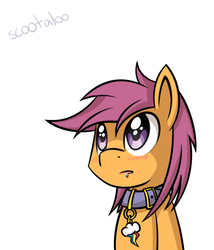 Size: 571x667 | Tagged: safe, artist:serendipity-kitty, scootaloo, pony, g4, blushing, collar, cutie mark collar, lesboloo, pet tag, solo