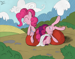 Size: 1280x1002 | Tagged: safe, artist:jailbait, pinkie pie, oc, oc:marker pony, g4, /co/, 4chan, ball, bouncy ball, faceplant, red inflatable, riding, space hopper