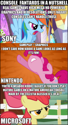 Size: 424x779 | Tagged: safe, apple bloom, pinkie pie, rainbow dash, g4, caption, hub logo, video game