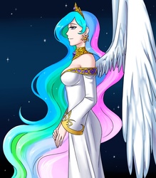 Size: 700x800 | Tagged: dead source, safe, artist:apzzang, princess celestia, human, g4, clothes, female, humanized, side view, solo, winged humanization