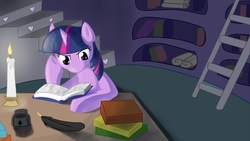 Size: 1920x1082 | Tagged: safe, artist:whatsapokemon, twilight sparkle, pony, g4, candle, female, golden oaks library, night, reading, solo