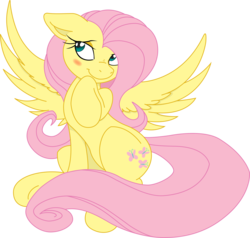 Size: 6601x6285 | Tagged: safe, artist:joey darkmeat, artist:subject-241, fluttershy, pegasus, pony, g4, absurd resolution, bedroom eyes, blushing, colored, female, floppy ears, mare, simple background, sitting, solo, spread wings, transparent background, vector, wings