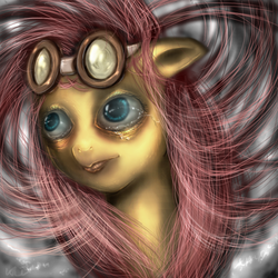 Size: 666x666 | Tagged: safe, artist:klalaskaxd, fluttershy, g4, crying, duo, goggles, uncanny valley