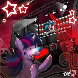 Size: 600x600 | Tagged: safe, artist:don-ko, dj pon-3, twilight sparkle, vinyl scratch, pony, unicorn, g4, female, mare, rave, unicorn twilight