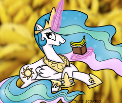 Size: 3887x3262 | Tagged: safe, artist:twizscorpio, princess celestia, alicorn, pony, g4, banana, cake, cakelestia, female, high res, solo