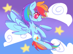 Size: 794x588 | Tagged: safe, artist:sunomii, rainbow dash, pegasus, pony, g4, cloud, female, flying, mare, solo, stars