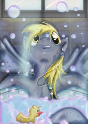 Size: 3508x4961 | Tagged: safe, artist:toonlancer, derpy hooves, pegasus, pony, g4, absurd resolution, bath, bathtub, bubble, female, ipod, mare, mp3 player, rubber duck, smiling, solo
