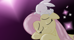 Size: 1332x736 | Tagged: safe, artist:lunarcakez, angel bunny, fluttershy, pegasus, pony, rabbit, g4, abstract background, animal, female, male, mare, sleeping