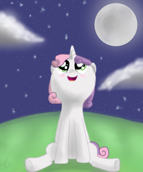 Size: 1000x1200 | Tagged: safe, artist:luks6882, sweetie belle, pony, unicorn, g4, female, filly, foal, moon, night, open mouth, sitting, solo