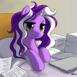 Size: 900x900 | Tagged: safe, artist:johnjoseco, oc, oc only, oc:purple tinker, pony, unicorn, bed, cute, female, lidded eyes, mare, messy mane, morning, morning ponies, ocbetes, paper, sitting, smiling, solo, wavy mouth