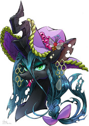 Size: 564x800 | Tagged: safe, artist:jnnkleche, queen chrysalis, changeling, changeling queen, g4, alternate hairstyle, bow, eyelashes, fangs, female, forked tongue, hat