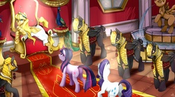 Size: 1201x667 | Tagged: safe, artist:mr-tiaa, rarity, twilight sparkle, oc, oc:emira cloudia, bird, earth pony, peacock, pegasus, pony, unicorn, g4, armor, butt, byzantine empire, byzantines, cataphract, cavalry, clothes, commission, commissioner:lionel23, female, male, mare, plot, plot pair, stallion, throne