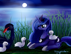 Size: 1224x936 | Tagged: safe, artist:incinerater, princess luna, alicorn, bird, pony, swan, g4, animal, black swan, cygnet, female, mare, moon, night, prone, water