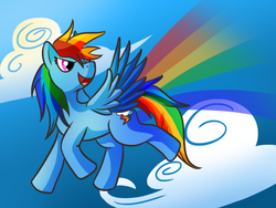 Size: 800x600 | Tagged: safe, artist:blubble-the-blubs, rainbow dash, pegasus, pony, g4, cloud, day, female, flying, looking back, mare, open mouth, rainbow trail, sky, solo