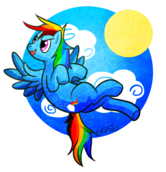 Size: 665x687 | Tagged: safe, artist:blubble-the-blubs, rainbow dash, pegasus, pony, g4, butt, cloud, day, female, flying, looking up, mare, open mouth, plot, sky, solo, sun