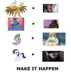 Size: 1576x1664 | Tagged: safe, gilda, iron will, rarity, spike, griffon, g4, all caps, black lagoon, dutch, exploitable meme, garcia, make it happen, meme, meta, revy, roberta