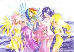 Size: 1630x1156 | Tagged: safe, artist:paulina-ap, applejack, fluttershy, pinkie pie, rainbow dash, rarity, twilight sparkle, human, g4, belly button, clothes, dress, flattershy, humanized, mane six, traditional art, winged humanization