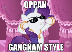 Size: 655x480 | Tagged: safe, edit, edited screencap, screencap, rarity, pony, g4, green isn't your color, gangnam style, hub logo, image macro, jewelry, psy, solo, sunglasses