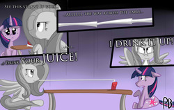 Size: 3850x2450 | Tagged: safe, artist:darkpengi, fluttershy, twilight sparkle, g4, comic, discorded, flutterbitch, high res, i drink your milkshake, juice box, pure unfiltered evil, there will be blood