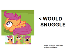Size: 746x544 | Tagged: safe, scootaloo, g4, lesson zero, cute, cutealoo, snuggling, text
