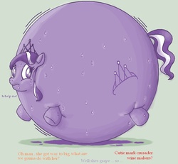 Size: 901x833 | Tagged: safe, artist:secretgoombaman12345, diamond tiara, earth pony, pony, g4, blueberry, blueberry inflation, diamondberry tiara, inflation, peril, solo, spherical inflation, sweat