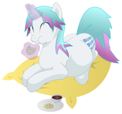 Size: 8700x8100 | Tagged: safe, artist:xniclord789x, oc, oc only, oc:netrunner, pony, unicorn, absurd resolution, cookie, eating, eyes closed, female, food, horn, magic, mare, pillow, plate, pregnant, simple background, solo, telekinesis, transparent background, unicorn oc