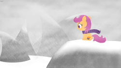 Size: 1280x720 | Tagged: safe, artist:dtcx97, scootaloo, pony, post-crusade, g4, clothes, female, filly, foal, scarf, snow, snowfall