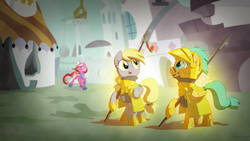 Size: 1920x1080 | Tagged: safe, artist:equestria-prevails, derpy hooves, sunshower raindrops, pegasus, pony, g4, armor, epic derpy, female, guardsmare, mare, royal guard, spear, wallpaper