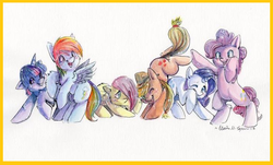 Size: 722x435 | Tagged: safe, artist:busoni, applejack, fluttershy, pinkie pie, rainbow dash, rarity, twilight sparkle, earth pony, pegasus, pony, unicorn, g4, female, mane six, mare, painting, raised hoof, rearing