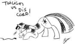 Size: 659x387 | Tagged: safe, artist:egophiliac, twilight sparkle, pony, unicorn, g4, behaving like a dog, comic, dis cord, face down ass up, female, floppy ears, glare, grayscale, growling, imminent pounce, mare, monochrome, open mouth, power cord, pun, simple background, solo, twilight dog, unicorn twilight, white background