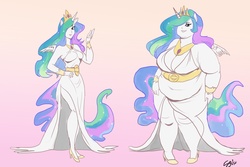 Size: 3231x2157 | Tagged: safe, artist:theamericandream, princess celestia, human, fanfic:a slice of life, g4, alicorn humanization, bbw, big belly, big breasts, breasts, busty princess celestia, chubbylestia, double chin, eared humanization, fat, female, high res, horn, horned humanization, humanized, obese, pony coloring, skinny, small wings, tailed humanization, thin, weight gain, winged humanization, wings