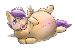 Size: 896x600 | Tagged: safe, artist:redintravenous, scootaloo, pegasus, pony, g4, adorafatty, belly, belly button, big belly, blushing, chubby cheeks, cute, donut, fat, female, filly, lying down, neck roll, obese, on side, scootalard, simple background, weight gain sequence, white background