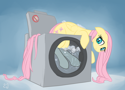 Size: 1904x1371 | Tagged: safe, artist:gsphere, fluttershy, pony, g4, abuse, breaking the law, female, flutterbuse, gradient background, solo, washing machine, wet, wet mane