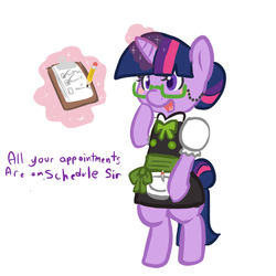 Size: 450x450 | Tagged: safe, artist:mt, twilight sparkle, pony, unicorn, g4, bipedal, clothes, female, glasses, magic, maid, mare, open mouth, solo, telekinesis, writing