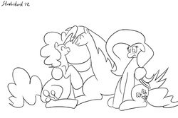 Size: 990x660 | Tagged: safe, fluttershy, pinkie pie, oc, g4, monochrome, tiny heads