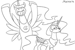 Size: 990x660 | Tagged: safe, princess celestia, princess luna, alicorn, pony, unicorn, g4, macro, monochrome