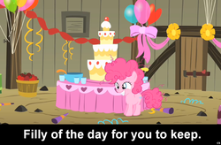 Size: 1024x672 | Tagged: safe, pinkie pie, earth pony, pony, g4, apple, balloon, barn, bucket, cake, caption, cs captions, female, filly, foal, party, solo