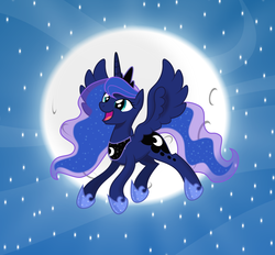 Size: 4455x4134 | Tagged: safe, artist:abydos91, artist:kp-shadowsquirrel, princess luna, alicorn, pony, g4, absurd resolution, female, flying, happy, mare, moon, night, open mouth, solo