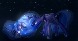 Size: 5653x3001 | Tagged: safe, artist:darkflame75, princess luna, scootaloo, alicorn, pegasus, pony, g4, absurd resolution, duo, female, filly, frown, magic, night, scootasad, stars