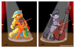 Size: 1128x720 | Tagged: safe, artist:texasuberalles, applejack, octavia melody, g4, cello, fiddle, musical instrument