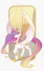 Size: 2107x3396 | Tagged: dead source, safe, artist:antiander, princess celestia, alicorn, pony, g4, canterlot, female, frame, high res, large wings, long tail, mare, raised hoof, solo, spread wings, unshorn fetlocks, wings