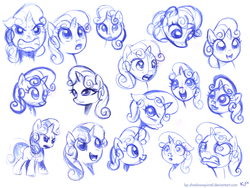 Size: 800x600 | Tagged: safe, artist:kp-shadowsquirrel, sweetie belle, pony, unicorn, g4, cute, facial expressions, female, filly, foal, monochrome, sketch dump, solo